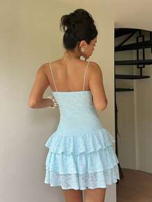 Aloruh Women's Textured Multi-Layer Cake Ruffle Cami Romper Vacation Club Light Blue Summer Sexy Cute - Apricot - View 2