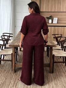 Weeklong Damen Große Größen Frühling/Herbst Lässig Hemd mit Revers, geraffter Taille und lockeren Hosen 2-teiliges Set, geeignet für Alltag und Büro - Bordeaux - Übersicht 2