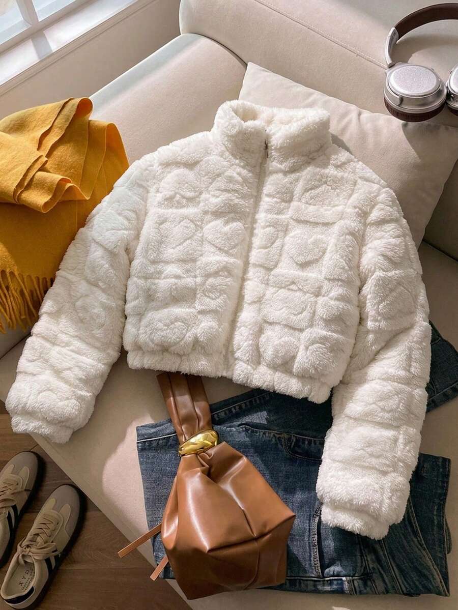 SHEIN 青少年女孩純色毛絨舒適加厚收腰拉鍊夾克,休閒可愛端莊,適合假期、校園學生、冬季社團,白色 - 白色 - 查看 1