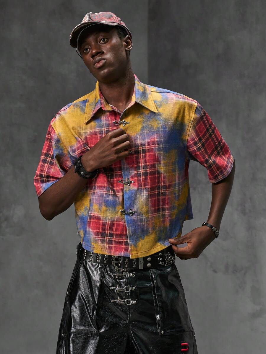 NEON BLANC Men's Tie-Dye Plaid Denim Jacket With Airplane Buckle - Multicolor - View 1