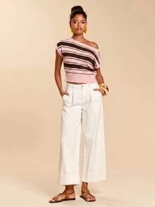 Travachic Women's Colorblock Pink Stripe Asymmetric Collar Knit Top Everyday Date Summer Retro Vintage 70s 70s Retro Casual - Multicolor - View 4