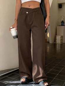 DAZY Women's Loose Casual Cat Whisker Korean Style Wide Leg Jeans Fall - Coffee Brown - View 2