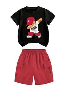 SHEIN 1 Set Young Boys Casual Cartoon Bear Print Short Sleeve Crew Neck T-Shirt And Cargo Shorts Set, Suitable For Outdoor Street Wear, Spring/Summer - Burgundy - View 3