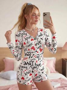 SweetSlumber Women Heart & English Text Long Sleeve Romper, Fall, Winter - Multicolor - View 5