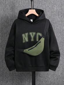SHEIN 2 piezas/Set Sudadera con capucha de manga larga con estampado de letras casual para niños/adolescentes y bolsa de accesorios con patchwork colorido, adecuada para uso diario en otoño/invierno, deportes, salidas, escuela, fiestas, vacaciones, fotografía - Multicolor - Ver 4