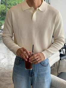 DAZY 春秋款半拉鍊素色米色長袖男士針織毛衣 - 杏色 - 查看 3