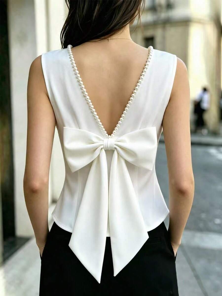 SHEIN LUNE White Backless Beaded Bow Decor Sleeveless Women's Blouse Wedding Dinner Summer Romantic Elegant - White - View 1