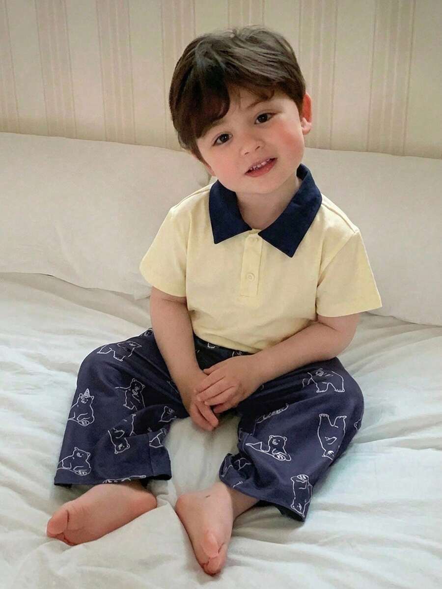 Hapijoa 男嬰圓領卡通休閒短袖T恤+卡通長褲家居服 夏款 - 藍白色 - 查看 1