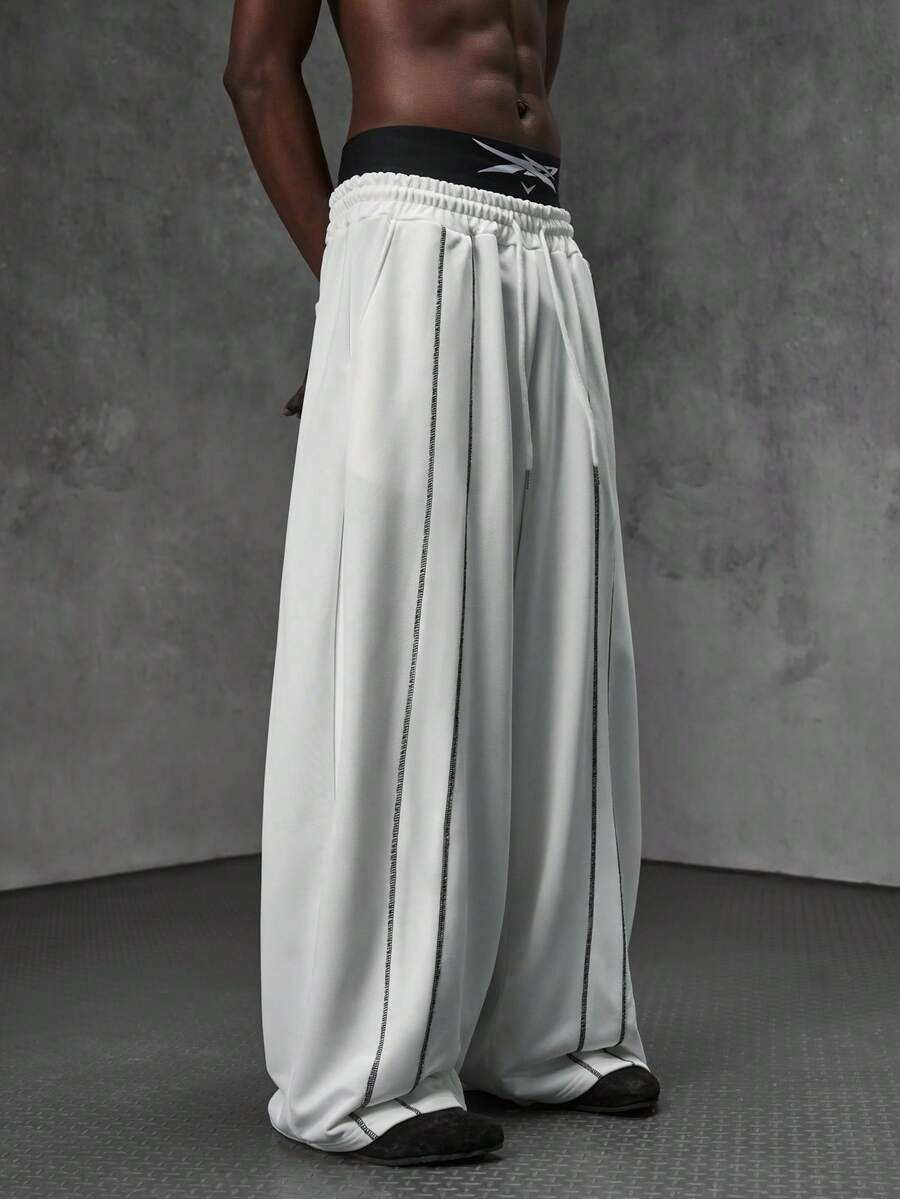 NEON BLANC Men's White Wide Leg Pants, Vertical Stripe Detail, Elastic Waist Oversized Streetwear - White - View 1