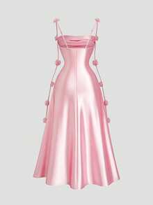 Sweetra Plus Size Women's French Gentle Style Pink Satin 3D Floral Spaghetti Strap Maxi Dress, Elegant Waist-Cinching Fitted Strapless Evening Gown For Date And Dinner, Sexy Elegant Sleeveless Summer Dress - Pink - View 2