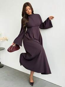 Firerie Vestido de talla grande elegante tradicional casual formal para ir al trabajo de unicolor con mangas acampanadas para el Día del Maestro, boda, cumpleaños, invitada de boda, color púrpura oscuro, otoño - Café integral - Ver 8