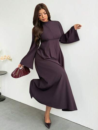 Firerie Plus Size Elegant Commuter Solid Color Bell Sleeve Dress Fall