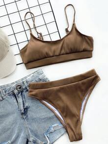 SHEIN Swim 女款夏季海灘純色性感時尚比基尼兩件式泳衣套裝 巧克力棕色 - 棕色 - 查看 6