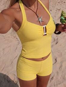 SHEIN Swim Springbreak 女款海灘派對度假性感熱帶細肩帶比基尼兩件套 短版上衣 紋理條紋布料 高腰 黃色 夏季 - 黃色 - 查看 8