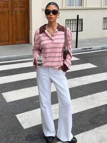 Muchica 女款粉色條紋拼色休閒學院風百搭日常T恤 開學季秋季校園穿搭 - 彩色 - 查看 6