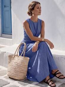 SHEIN Holidaya Klein Blue With An Eye-Catching Aura, Round Neck Sleeveless Design For A Fresh And Clean Look, Twisted Detail On The Chest To Break The Monotony And Cleverly Outline The Waistline. The Flowing A-Line Full Skirt Is Graceful And Versatile, Easily Creating An Elegant And Sophisticated Summer Look. - Blue - View 3