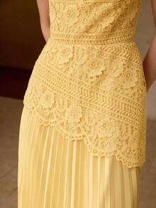 MOTF PREMIUM WOMEN'S AUTUMN/WINTER LACE EMBROIDERED HEM CHIFFON PLEATED PATCHWORK WAIST-CINCHING DRESS - Light Yellow - View 6