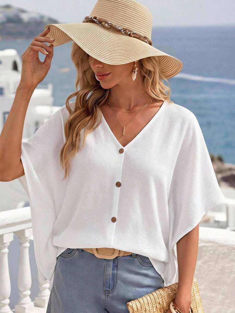 SHEIN LUNE Blusa de manga murciélago con botón delantero unicolor - Blanco - Ver 1