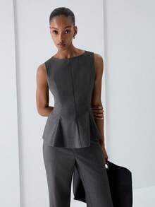 ATUI Studio Women's Sleeveless Ruffle Hem Top Flare Pants Set Two Pieces Casual Summer Outfit, Elegant For Beach Business Office, Party Teachers' Day Charcoal Gray - Grey - View 4