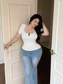 Vibekara Plus Size Fashion Versatile Hot Girl Solid Color Lace Patchwork Square Neck Short Sleeve Slimming T-Shirt Office Birthday White Summer Elegant - White - View 5