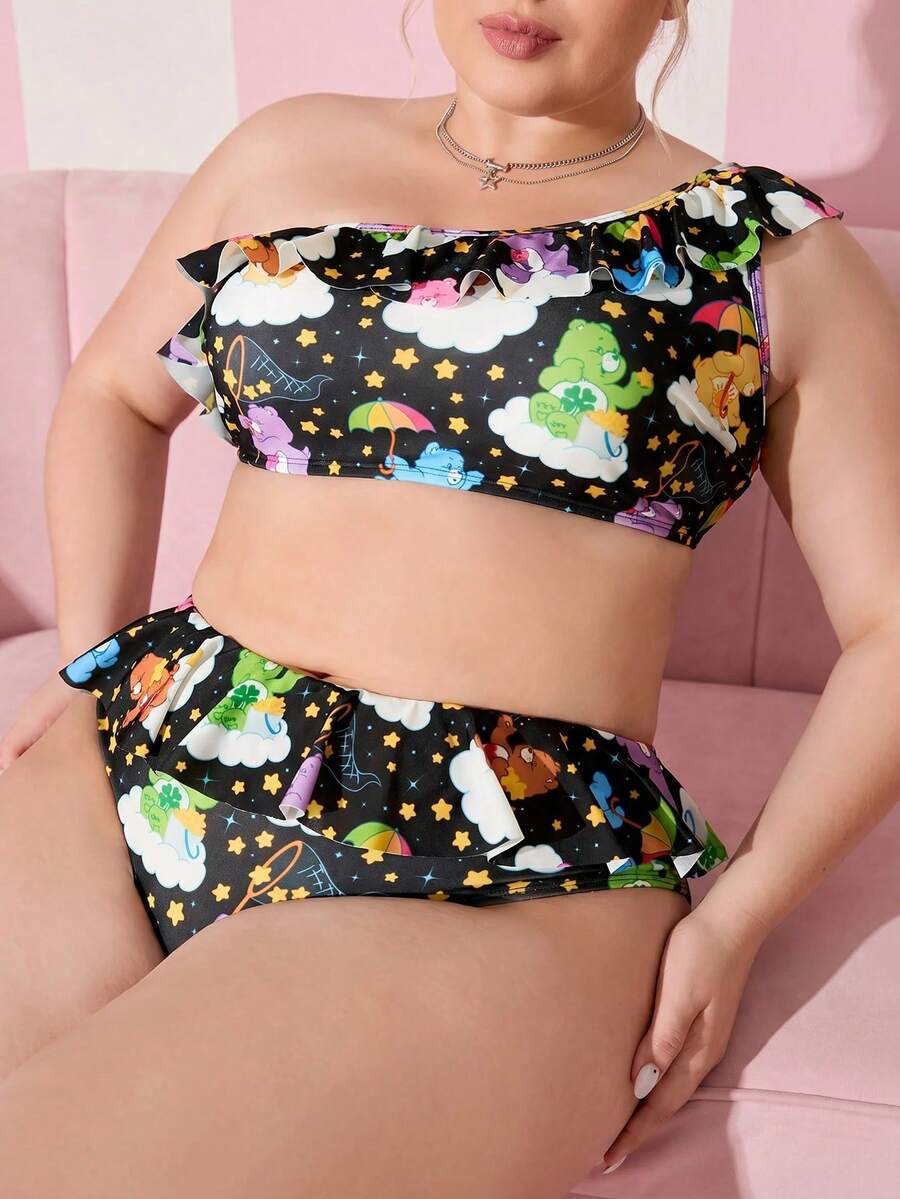 SHEIN X Care Bears Plus Size Cute Cartoon Bear Print One Shoulder Ruffle Trim Bikini Set For Summer Beach Vacation - Multicolor - View 1