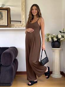 SHEIN Maternity Nursing Function Solid Color Casual Daily Outing Strapless Jumpsuit - Brown - View 4