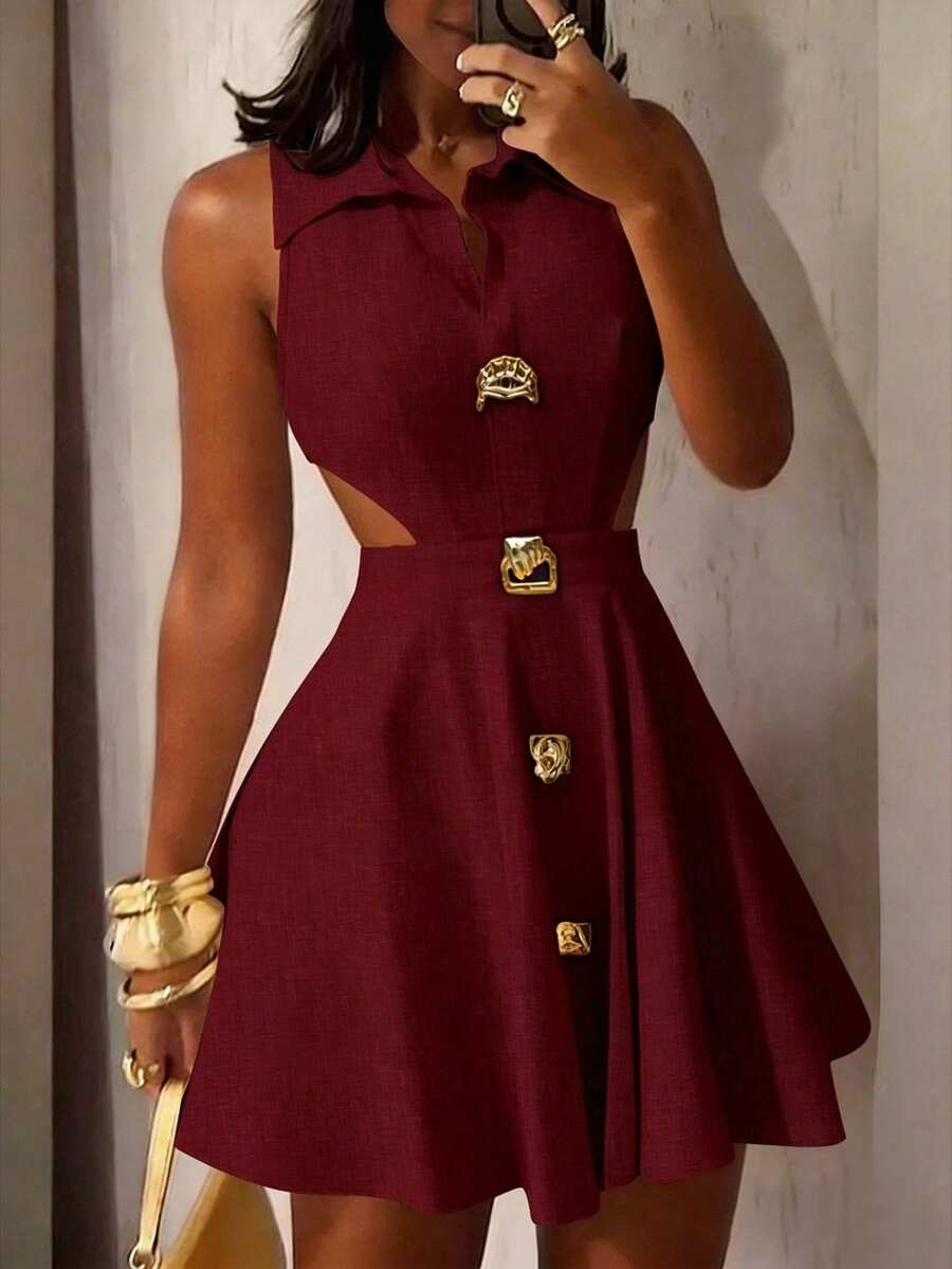 Glyssa Women's Lapel Sleeveless Short Waist-Cinching Asymmetrical Metal Buckle Hollow-Out A-Line Fashion Dress Series New Year Spring New Luxury Valentine's Day Sweet Party New Year's Eve Yellow Elegant Dress - Burgundy - View 1