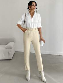 EURMUSE Solid Fold Ruched Suit Pants - Apricot - View 4