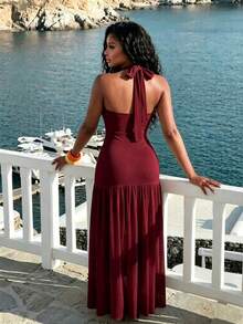 BamGleam Women's Ultra Long Floor-Length Halter Neck Mesh Ruched Backless Dress - Burgundy - View 2