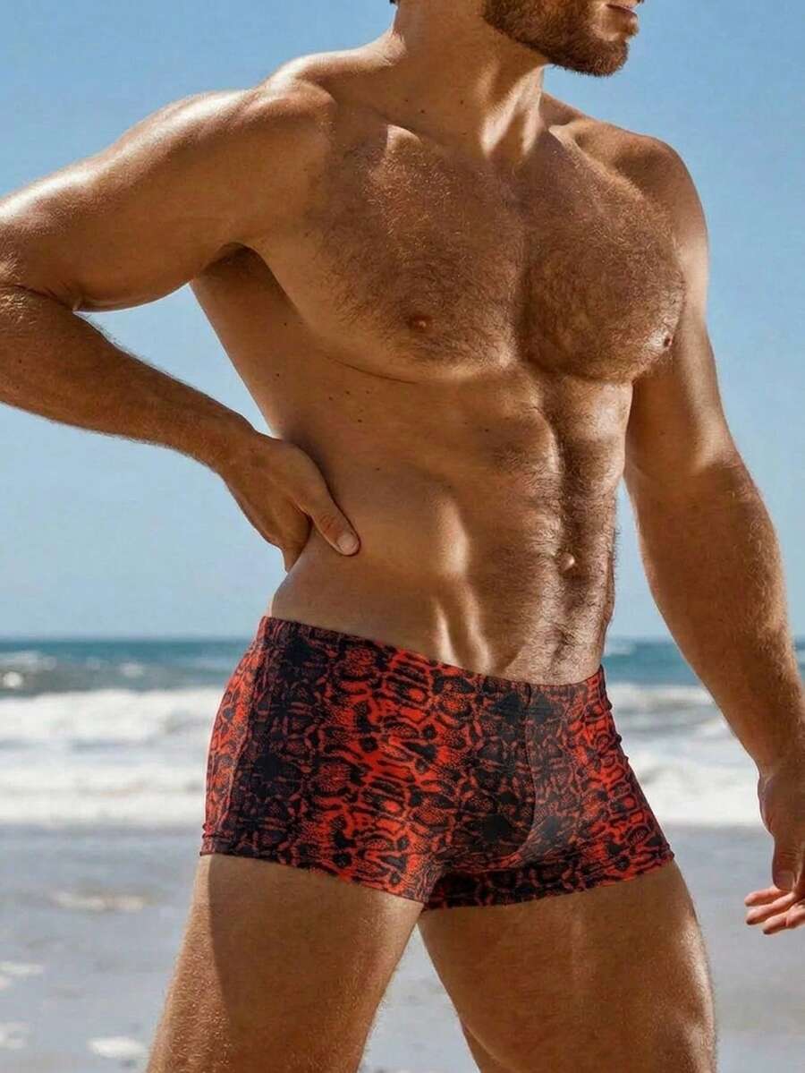 Surfspeed 2026春夏新款男士蛇紋印花性感熱帶舒適沙灘泳褲,紅色,度假衝浪泳褲 - 彩色 - 查看 1