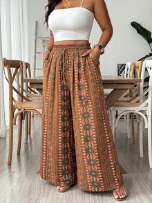 Freevana 女款大尺碼寬腿長褲，附口袋，優雅休閒街頭風度假風，春夏女裝大尺碼長褲 - 棕色 - 查看 9