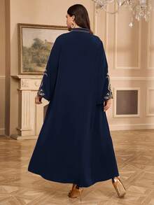 Al Najma Plus Size Women Floral Print Tassel Design Flare Sleeve Elegant Arabic Style Dress - Navy Blue - View 2