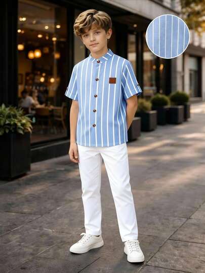 SHEIN 男童 2 件組襯衫與長褲套裝，春/夏款，立領設計，混色棕色鈕扣裝飾，休閒或半正式風格，正式而隨性，適合通勤、婚禮、舞會、畢業典禮等場合