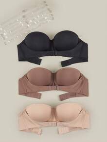 Bralution 3-Pack Multi-Color Strapless Bras, Black, Deep Nude & Beige, Underwire Molded Cup, High-Support Push-Up Balconette - Multicolor - View 3