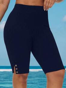 EMERY ROSE Plus Size Women High Waist Solid Color Button Design Casual Shorts - Navy Blue - View 3