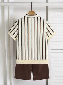 2件組男士青少年休閒極簡紋理條紋卡其色 Polo 衫與短褲套裝，寬鬆舒適，適合秋冬春夏，適用於日常穿著、通勤、戶外活動、運動、校園、街頭穿搭、派對與拍照 - 棕色 - 查看 2