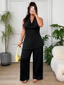 SHEIN EZwear 黑色休閒女款大尺碼垂領掛脖背心上衣與長褲套裝 - 杏色 - 查看 6