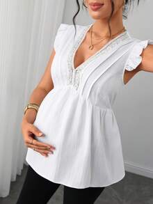 SHEIN Maternity Summer Casual Elegant Normal Solid Color Lace Patchwork Blouse Babyshower Allover White - White - View 5
