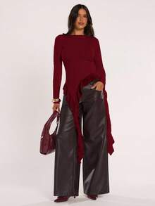 SHEIN BAE 女款純色圓領長袖不對稱下擺時尚上衣 - 酒紅色 - 查看 6