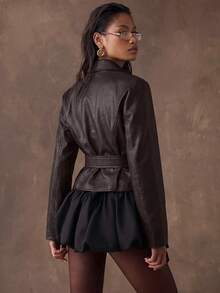 SHEIN BAE Women's Fashion Commuter Retro Belted Jacket - Coffee Brown - View 2