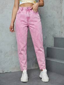SHEIN ICON 女款高腰口袋休閒百搭牛仔媽媽牛仔褲 - 西瓜粉 - 查看 4