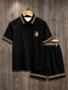 NEOREFINED 男士經典時尚休閒黑色 Polo 衫，皇冠獅子印花，短袖 Polo 套裝 - 彩色 - 查看 2
