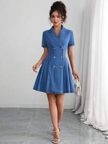 SHEIN Privé Summer Casual Elegant High Waist Blue Going Out Stretchy Flattering Fashion Comfortable Daily Wear Denim Dress For Women - Blue - View 2