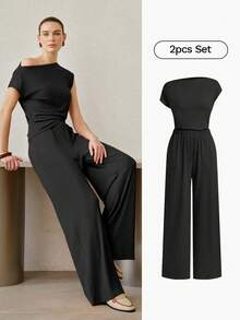 MOTF PREMIUM WOMEN'S CASUAL RUCHED ASYMMETRIC NECKLINE KNIT TOP & PANTS TWO PIECES SET - Black - View 8