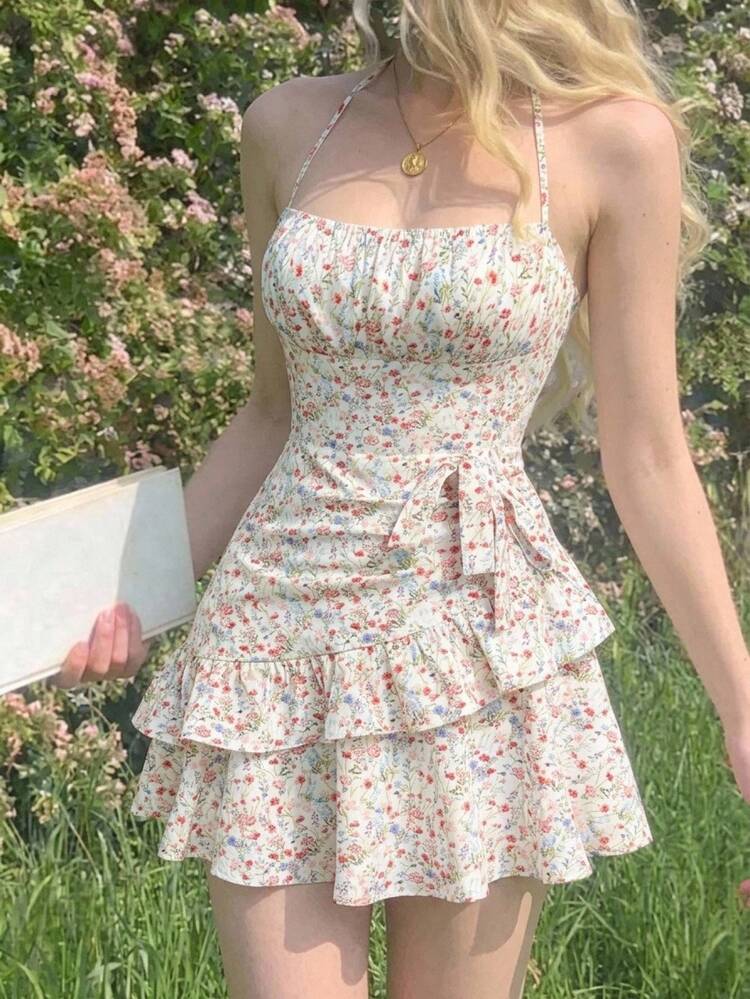 Skyraze Ditsy Floral Halter Tie Ruffled Mini Dress With Ruched Bust Side Bow - Fitted Waist, Tiered Asymmetric Ruffle Skirt, Romantic Elegant Summer Vacation - Multicolor - View 1