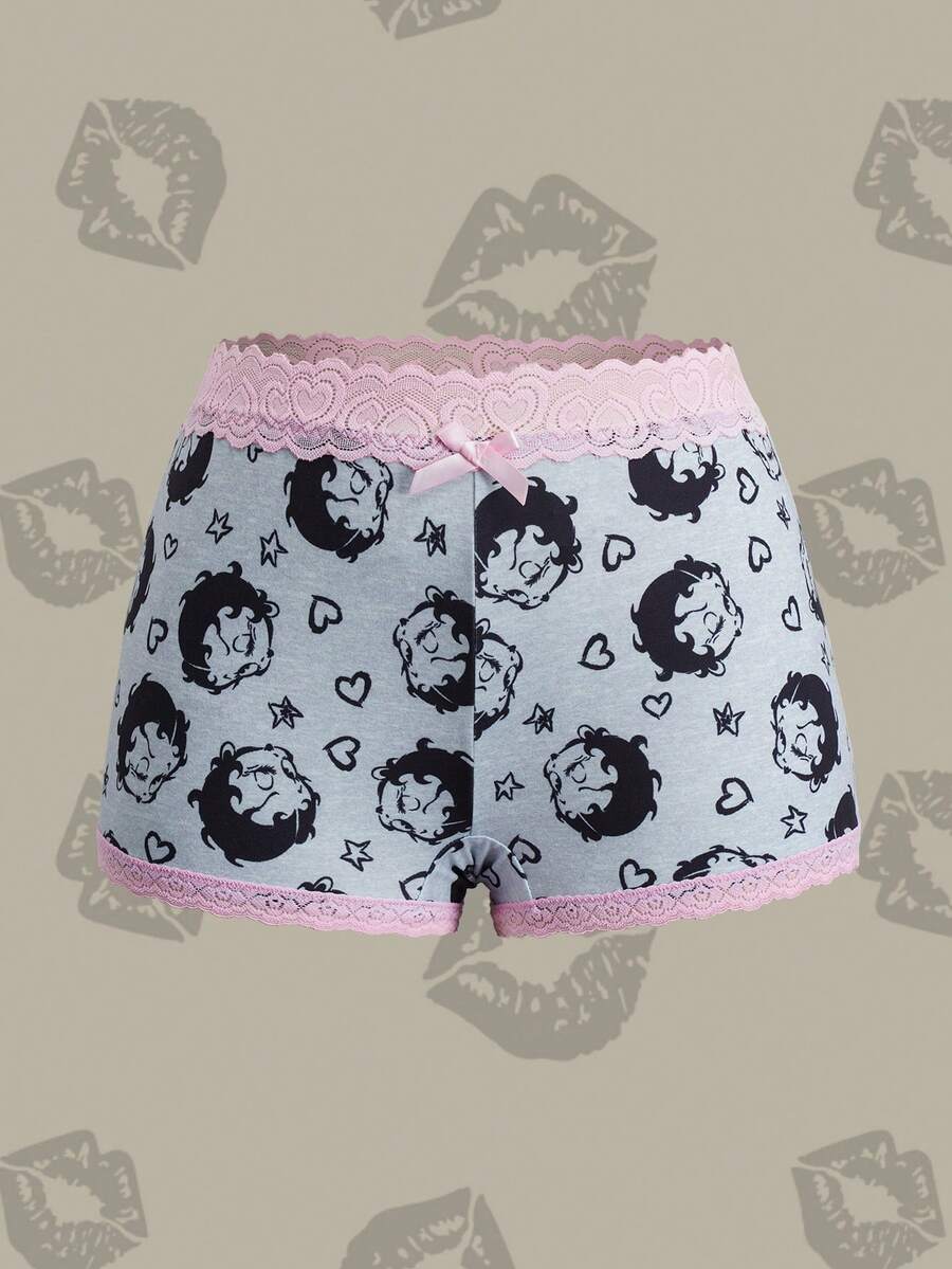 Betty Boop x SHEIN Women's Cartoon Print Lace Patchwork 3D Bow Decor Hipster Shorts - Grey - View 1