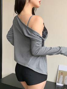DAZY 女款兩件套：對比色蕾絲細肩帶上衣與短版長袖上衣，春/秋季 - 灰色 - 查看 5