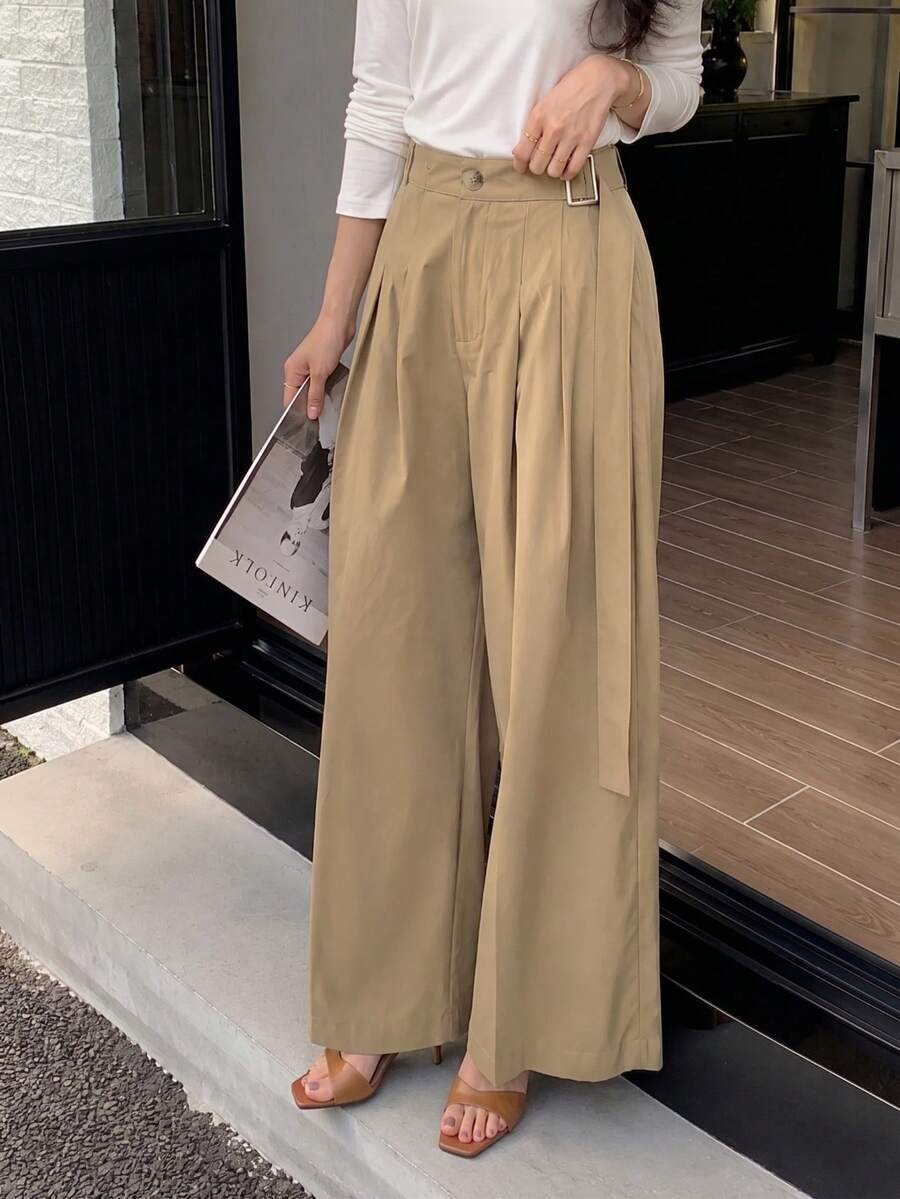 Solavon 卡其色直筒緞帶休閒優雅極簡女款長褲,適合日常通勤與居家穿著,四季皆宜 - 卡其色 - 查看 1