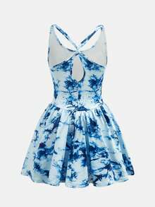 Tween Girls' Blue Tie-Dye Print Knit Camisole Jumpsuit, Sports Dress With Shorts, Pockets, Casual & Fashionable Sportswear - Blue - View 2