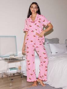Lowkey Lull Cherry Print Lapel Collar Short Sleeve Pajama Set For Women - Multicolor - View 4